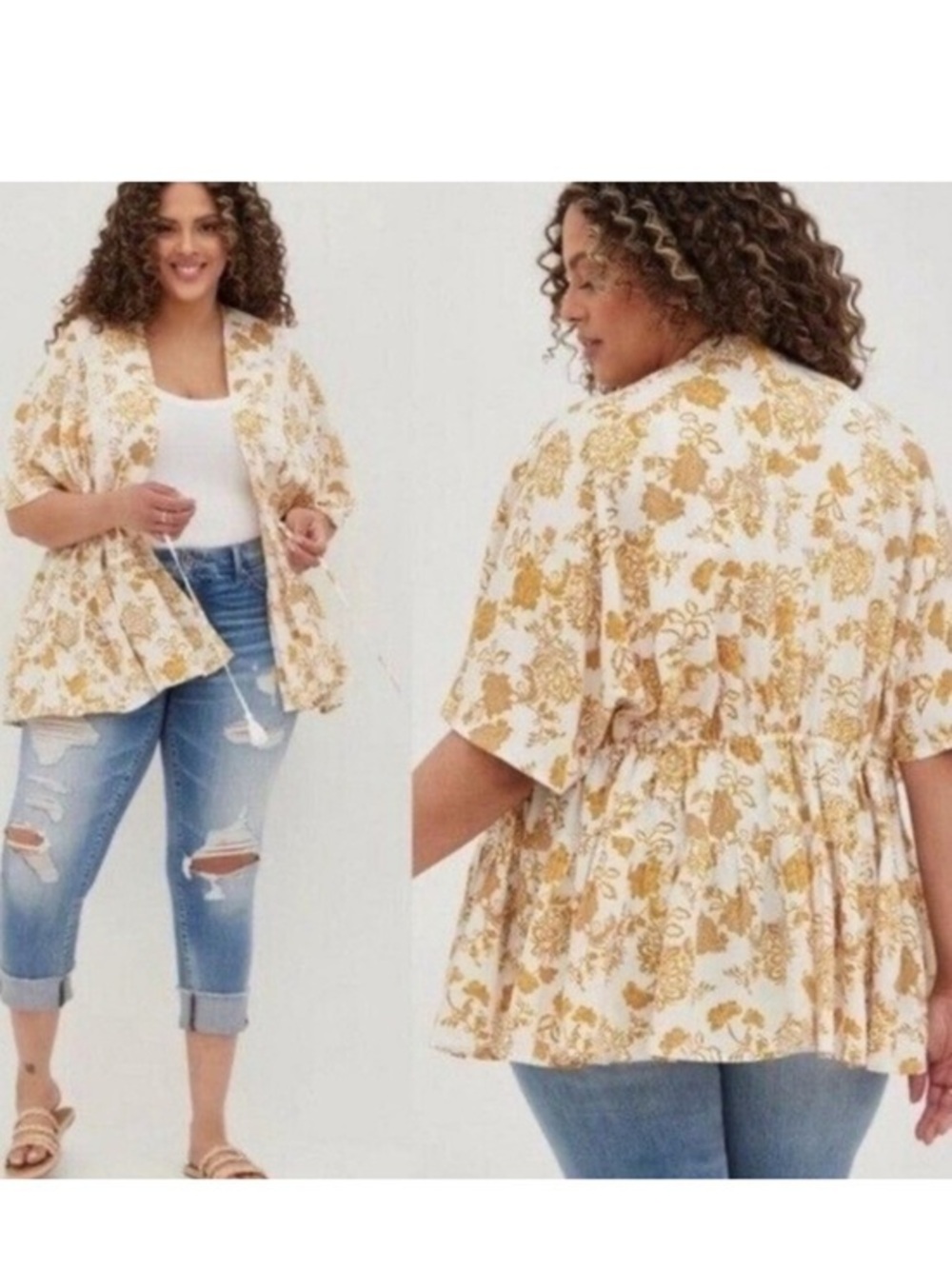 Like New Torrid Cream and Gold Floral Peplum Kimono Top, SIZE 1